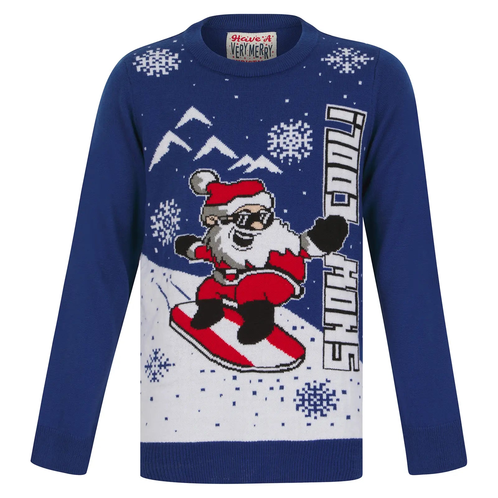 blue knit snow cool jumper featuring santa on red and white striped snowboard design, with snowflakes and snow mountains in background